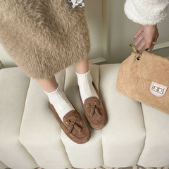 Cyflymder Women Winter Warm Tassel Loafers Fleece Lined Moccasins Slip‑On Flat Driving Shoes Suede Round Toe Soft Casual Bean Shoes Plush