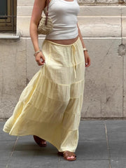 Cyflymder Yellow Loose Cake Maxi Skirt Female Lace Up Patchwork Casual Low-Waist Streetwear Solid Clothes Female Maxi Skirts 2026