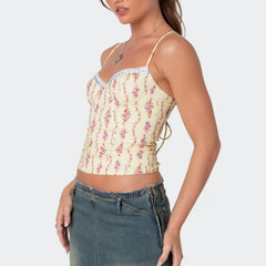 Cyflymder Women Y2K Floral Mesh Cami Top Spaghetti Strap Low Cut Crop Top Flower Print Patchwork Sheer Mesh Tank Top