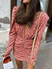 Cyflymder Design sense French romantic dress with floral patterns deep V-shaped long sleeved short skirt casual daily dress
