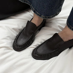 Cyflymder New Women Soft Leather Ruched Loafers Slip On Flat Moccasins Pleated Toe Casual Vintage Daily Walking Comfort