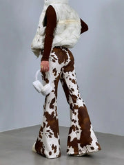 Cyflymder Sle Women's Brown Cow Print Flared Pants Slimming Sexy ow Body ape Beautiful Bell Bot Casual Trousers