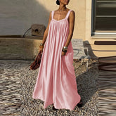 Cyflymder Elegant Backless Pleat Loose Maxi Dress Women Summer Solid Color Commute A-line Dress Casual U Collar Sleeveless Suspender Dress