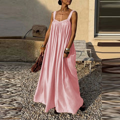 Cyflymder Elegant Backless Pleat Loose Maxi Dress Women Summer Solid Color Commute A-line Dress Casual U Collar Sleeveless Suspender Dress