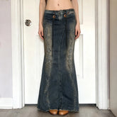 Cyflymder Autumn new low waisted drawstring casual embroidered retro vintage denim skirt