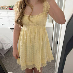 Cyflymder Ruffles Hem Babydoll A-line Dress Vintage Eyelet Mini Dress Women Sleeveless Square Neck Ruched Bust Flowy Dress
