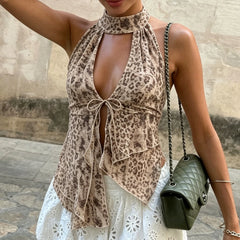 Cyflymder Vintage Leopard Print Deep Halter V-Neck Camisole Sexy Backless Design Irregular Hem Chic Tops Women's Summer Soft Mesh Clothes