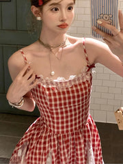 Cyflymder Y2K Red Plaid Mini Dresses for Women Spaghetti Strap Lace Patchwork A-line Birthday Party Dress Korean Fashion One Piece Vestido