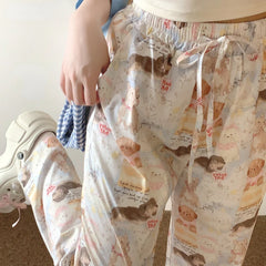 Cyflymder Sweet Lolita Style Cartoon Dog Print Pants Women Y2k Aesthetic Lace-up Wide Leg Trousers Harajuku Casual Loose Kawaii Sweatpants