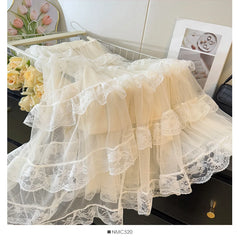 Cyflymder Fairy Lace Spliced Mesh Layered Cake Skirt Women 2025 Spring High Waist Folds A-line Long Skirts Sweet Beach Clothing