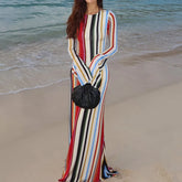 Cyflymder Long Sleeve Women's Casual Long Dress Elegant Hight Waist Slim Fit Party Dresses Fashion Crew Neck Striped Printed Holiday Dress