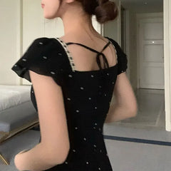 Cyflymder Fashionable Square Collar Drawstring Bow Long Dress Female Clothing Polka Dot Summer New French Style Flying Sleeve Slim Dresses