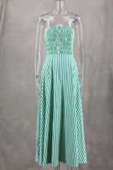 Cyflymder Green Striped Stripless Summer Dress Women Casual Off Shoulder Backless Maxi Dress Beach Holiday Party Dress Women Outfits