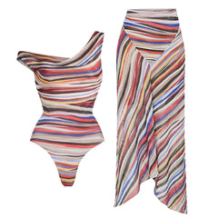 Cyflymder Striped 2Pcs Sexy Swimsuit Women Push Up Swimwear Off Shouder Bikini Bandeau Biquini Long Skirt Swim Suit Bathingsuit Beachwear