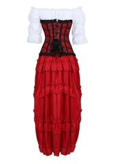 Cyflymder Corset 3 Piece Outfits for Women Steampunk Renaissance White Blouse Set Carnival Party Lace Up Boned Bustiers with Pirate Skirt