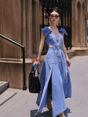 Cyflymder Trendy Fashion Women's Metal Buckle Waist Hollow Out Denim Dress Spring Lapel Sleeveless Split Dresses Female