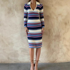 Cyflymder High End Euramerican Turn Down V Neck Long Sleeve Dress Fresh Constrast Color Striped Slim Knitted Mid Length Dress Y2k Clothes