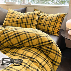Cyflymder Japanese Style Plaid Pure Cotton Bedding Set Soft Washed Cotton Cozy Bedclothes Queen Single Fitted Sheet Quilt Cover Pillowcase