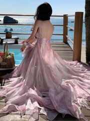 Cyflymder Women Elegant Pink 2025 Spaghetti Strap Fashionable Long Dress Summer Beach Holiday Party Floral Dresses Sweet High Waist Robe