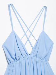 Cyflymder Women's Summer Solid Pleated V-Neck Backless Mini Dress Fashionable Sling Lace-Up A-Line 2-Color Hot Girl Holiday Dress