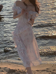 Cyflymder Floral Midi Dress Women French Elegant Lace Fairy Dress Party Beach Style Vintage One Piece Dress Korean Summer Sweet Chic