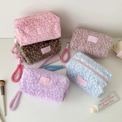 Cyflymder Girly Leopard Print Plush Makeup Bag Portable Pencil Ballpoint Pen Pouch Student Cosmetic Carry Case