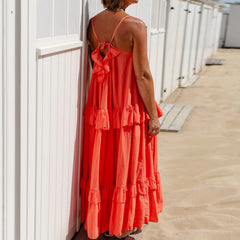 Cyflymder Summer Maxi Dress for Women Sleeveless Spaghetti Strap Ruffle Tiered Maxi Sundress Loose Backless Long Beach Dress