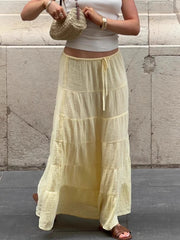 Cyflymder Yellow Loose Cake Maxi Skirt Female Lace Up Patchwork Casual Low-Waist Streetwear Solid Clothes Female Maxi Skirts 2026