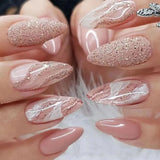 Cyflymder 24Pcs/Box Sweet Pink Marbling Diy Manicure Shinny False Nails French Long Almond Detachable Fake Nials Press On Nail Tips