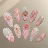 Cyflymder 24pcs French Cute Fake Nail Sweet Pink 3D Flowers Bowknot Design Almond False Nail Patch Korean Style Press on Nails for Girls