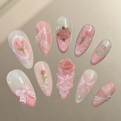 Cyflymder 24pcs French Cute Fake Nail Sweet Pink 3D Flowers Bowknot Design Almond False Nail Patch Korean Style Press on Nails for Girls