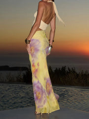 Cyflymder Summer Floral Print Patchwork Halter Maxi Dress Sexy Deep V Front Sleeveless Backless Cut Out Slim Beach Vacation Dress