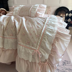 Cyflymder Pink Floral Double Layer Lace Ruffles 100% Cotton Bedding Set Duvet Cover Set Bed Sheet/Bed Skirt/Fitted Sheet Pillowcases 4Pcs