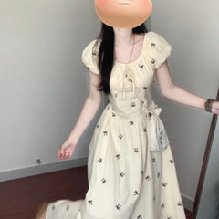 Cyflymder French Retro Bow Printed Puff Sleeve Dress for Women New Style Waist-hugging and Slimming Vacation Long Skirt