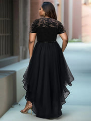 Cyflymder Women Plus Size Evening Dress Elegant Short Sleeve Round Neck High Low Hem Ruffle Tulle Cocktail Party Mermaid Maxi Dresses