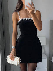 Cyflymder Elegant Women Luxury Formal Black Square Neck Mini Dress Fashion Sleeveless Evening Ladies Street Party Vestidos Summer