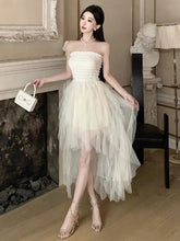 Cyflymder Women Dresses Sexy Irregular Mesh Patchwork Strapless Slim Ruffles Patchwork Backless Sweet Elegant Dress Party Female