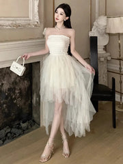 Cyflymder Women Dresses Sexy Irregular Mesh Patchwork Strapless Slim Ruffles Patchwork Backless Sweet Elegant Dress Party Female