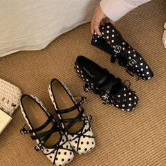 Cyflymder Summer New Buckle Latch Soft-soled Flats Shoes Square Head Women Shoes Polka Women Shoes Fashion Shallow Flat Shoes 29847