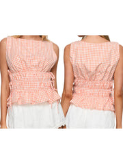 Cyflymder Stylish Women s Plaid Tank Top with Round Neck and Sleeveless Design Featuring Side Tie Ruffle Detail for a Trendy Summer Look