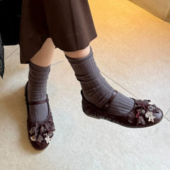 Cyflymder Flower Beaded Decor One Strap Mary Jane Pumps Retro Soft Leather Grandma Shoes Flat Daily Casual Party Dress Footwear