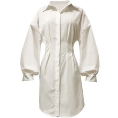 Cyflymder Faionable Loose Long Sve Women's irt Waist-Cinching Midi Dr Trendy Street Sle Pure Color Collar Button Detail