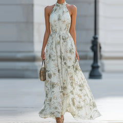 Cyflymder Temperament Chiffon Sleeveless Party Dress Elegant Lady Off Shoulder Pleated Maxi Dress Floral Printed Slim Halter Evening Dress