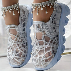 Cyflymder Fashion Sequins Round-Toe Mesh Slip-On Shoes with Thick Heel Laces for Women Spring Loafers Women's Hot Platform Sneakers