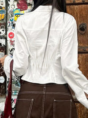 Cyflymder Elegant Fashion Solid Blouse Basic Slim Turn-Down Collar Long Sleeve Shirts Women Autumn Spring Streetwear Ladies