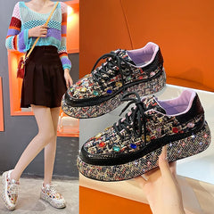 Cyflymder NEW Women Skate Shoes Platform Mid-heel Casual Sneakers Lace-up All-match Beaded Women Tennis Rhinestone Fashionable Women Shoes