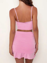 Cyflymder Women s Summer 2Pcs Outfits Lace Trim Crop Cami Tops with High Waist Ruched Mini Skirt