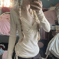 Cyflymder Autumn vintage gentle style cross deep V-neck rhinestone strip backless sexy drawstring slim fit long sleeved T-shirt