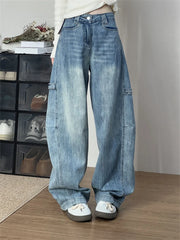 Cyflymder Women' Curved Straight Wide Leg Light Blue Jeans Young Girl Denim Trousers Vintage Street Style Bottoms Female High Waisted Pant