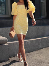 Cyflymder Fashion Plaid Print Draped Short Dress Elegant Square Collar Commuting Mini Dress Women Casual Puffed Sleeve Holiday Party Dress